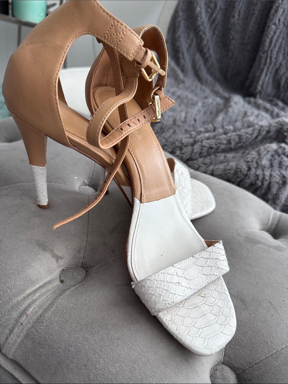 Calvin Klein White and Tan Two-Tone Ankle Strap Heels - Picture 7 of 11